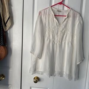 Embroidered boho white floral top, sheer sleeves